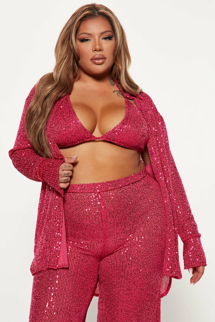 Fashion Nova Invite Only 3 Piece Sequin Pant Set - Fuchsia Wide Leg Sets