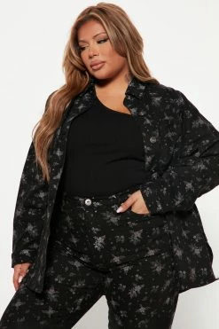 Fashion Nova Matching Separates Ditsy Floral Print Denim Shacket - Black