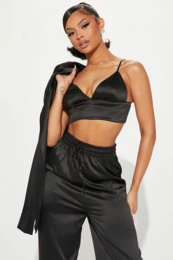 Fashion Nova Serenity Satin 3 Piece Pant Set - Black