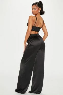 Fashion Nova Serenity Satin 3 Piece Pant Set - Black