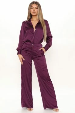 Fashion Nova Office Favorite Satin Pant Set - Plum