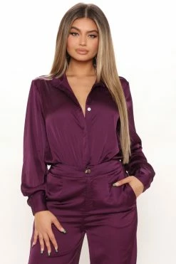 Fashion Nova Office Favorite Satin Pant Set - Plum