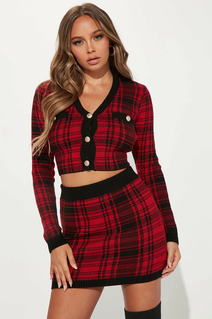 Fashion Nova Sweater Sets Get A Clue Sweater Skirt Set - Red/Black