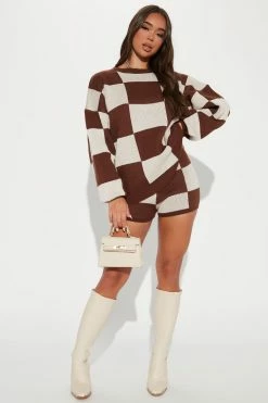 Fashion Nova Check Her Out Sweater Short Set - Brown/combo Sweater Sets