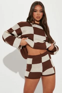 Fashion Nova Check Her Out Sweater Short Set - Brown/combo Sweater Sets