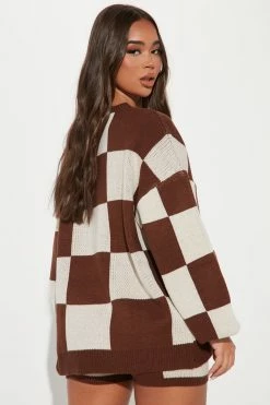 Fashion Nova Check Her Out Sweater Short Set - Brown/combo Sweater Sets