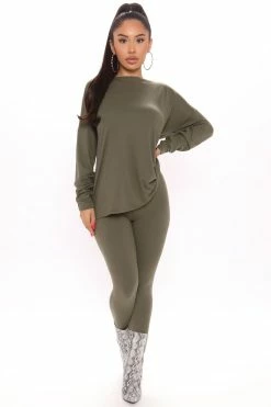 Fashion Nova Don't Get This Twisted Pant Set - Olive Legging Sets