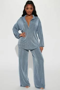 Fashion Nova Sweet In Slinky Pant Set - Slate Blue Wide Leg Sets