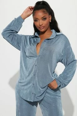 Fashion Nova Sweet In Slinky Pant Set - Slate Blue Wide Leg Sets