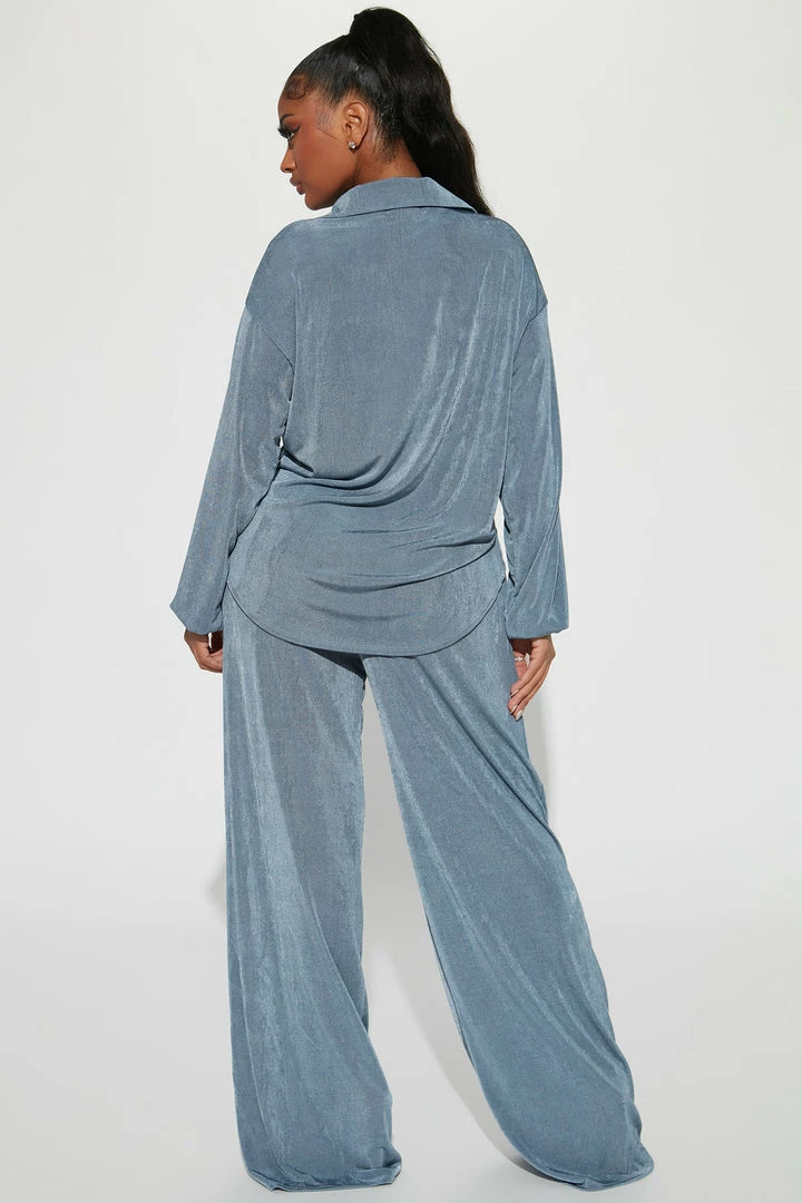 Fashion Nova Sweet In Slinky Pant Set - Slate Blue Wide Leg Sets