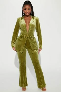 Fashion Nova Very Chic Velvet Blazer Pant Set - Chartreuse