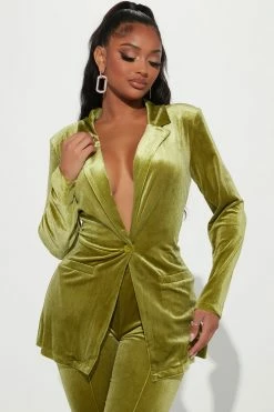 Fashion Nova Very Chic Velvet Blazer Pant Set - Chartreuse
