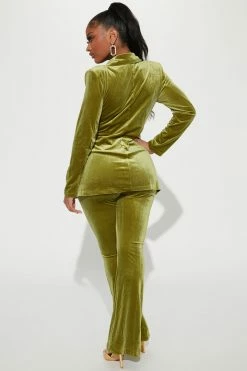 Fashion Nova Very Chic Velvet Blazer Pant Set - Chartreuse
