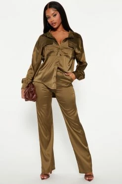 Fashion Nova Wide Leg Sets Sarita Satin Pant Set - Olive