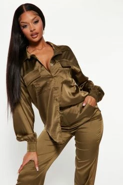 Fashion Nova Wide Leg Sets Sarita Satin Pant Set - Olive