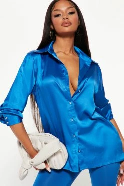 Fashion Nova Set The Mood Satin Legging Set - Royal Legging Sets