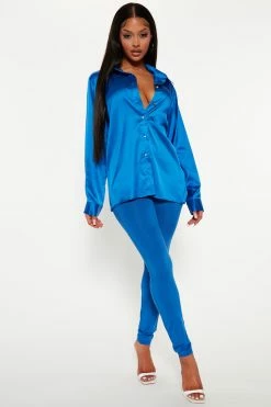 Fashion Nova Set The Mood Satin Legging Set - Royal Legging Sets