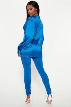 Fashion Nova Set The Mood Satin Legging Set - Royal Legging Sets
