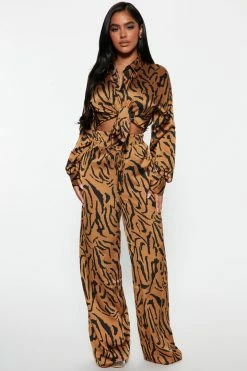 Fashion Nova Wide Leg Sets Frisky Feeling Pant Set - Brown/combo