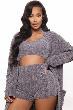 Fashion Nova Cozy Living 3 Piece Short Set - Charcoal Sweater Sets