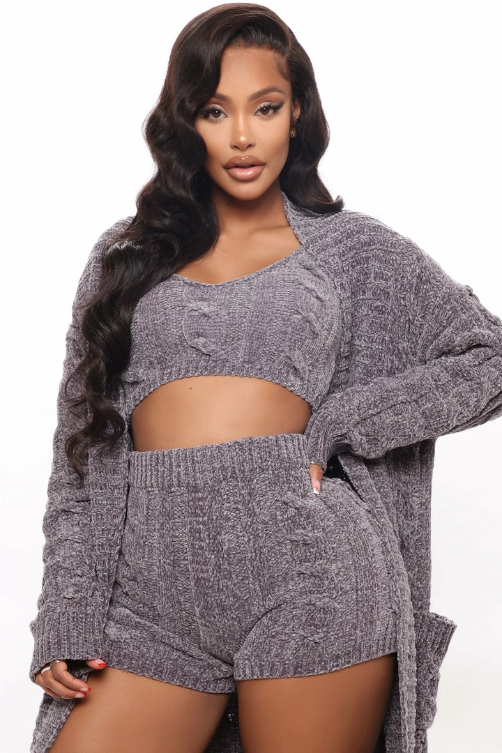 Fashion Nova Cozy Living 3 Piece Short Set - Charcoal Sweater Sets