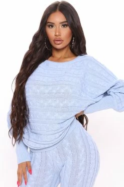 Fashion Nova Got Me Chilled Down Sweater Set - Dusty Blue