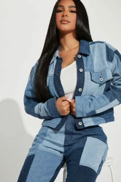 Fashion Nova Matching Separates Hey Girl Patchwork Denim Jacket - Blue Wash