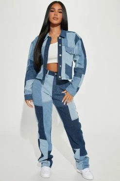 Fashion Nova Matching Separates Hey Girl Patchwork Denim Jacket - Blue Wash