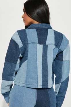 Fashion Nova Matching Separates Hey Girl Patchwork Denim Jacket - Blue Wash