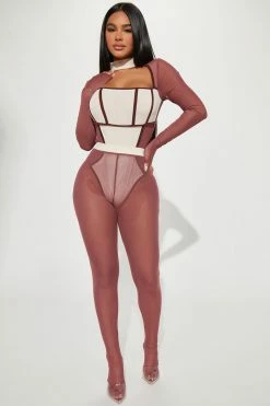 Fashion Nova She's That Girl Mesh Legging Set - Brown/combo Legging Sets