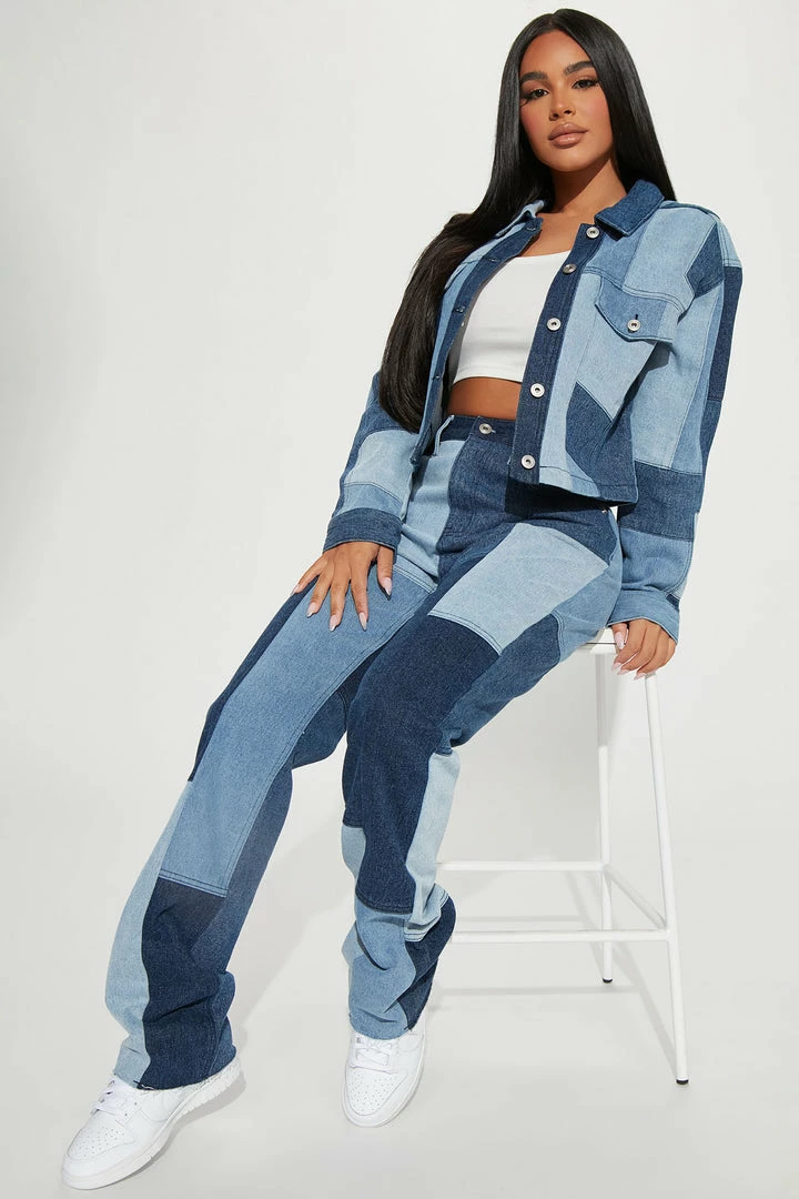 Fashion Nova Matching Separates Hey Girl Patchwork Straight Leg Jeans - Blue Wash