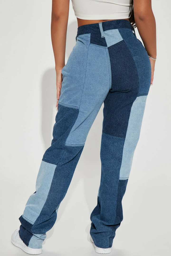 Fashion Nova Matching Separates Hey Girl Patchwork Straight Leg Jeans - Blue Wash