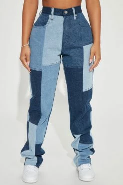 Fashion Nova Matching Separates Hey Girl Patchwork Straight Leg Jeans - Blue Wash