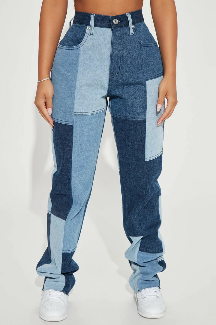 Fashion Nova Matching Separates Hey Girl Patchwork Straight Leg Jeans - Blue Wash