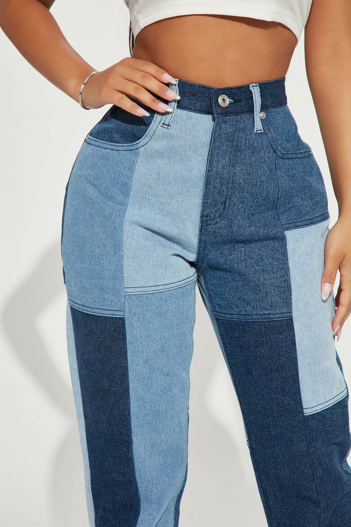 Fashion Nova Matching Separates Hey Girl Patchwork Straight Leg Jeans - Blue Wash