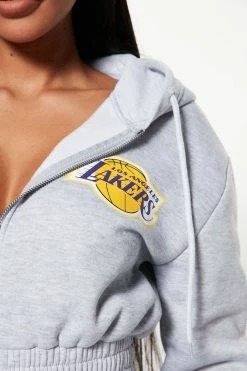 Fashion Nova Lakers Cropped Zip Hoodie - Heather Grey Matching Separates