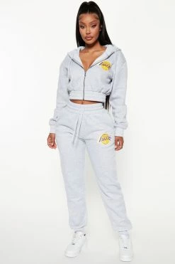 Fashion Nova Lakers Cropped Zip Hoodie - Heather Grey Matching Separates
