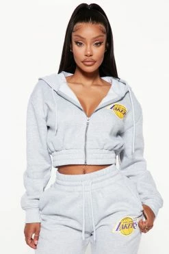 Fashion Nova Lakers Cropped Zip Hoodie - Heather Grey Matching Separates