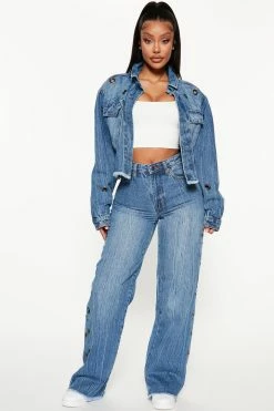 Fashion Nova Grommet Accent Denim Shacket - Medium Wash Matching Separates