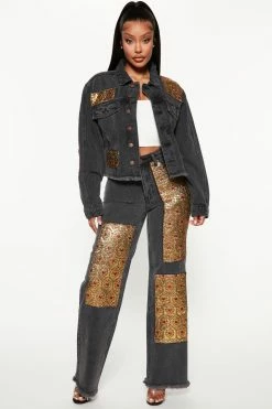 Fashion Nova Floral Brocade Denim Trucker Jacket - Black