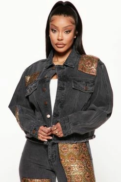 Fashion Nova Floral Brocade Denim Trucker Jacket - Black