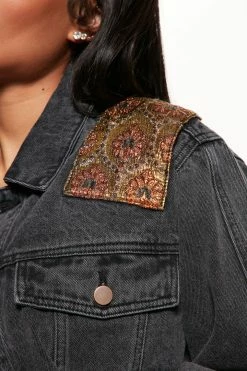 Fashion Nova Floral Brocade Denim Trucker Jacket - Black