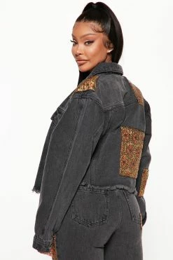 Fashion Nova Floral Brocade Denim Trucker Jacket - Black