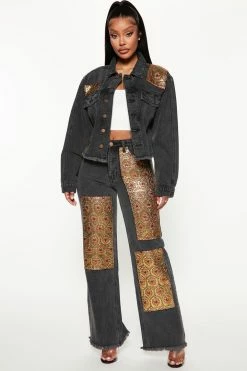 Fashion Nova Matching Separates Floral Brocade Wide Leg Jeans - Black