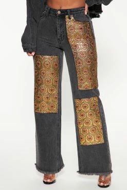 Fashion Nova Matching Separates Floral Brocade Wide Leg Jeans - Black