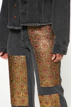 Fashion Nova Matching Separates Floral Brocade Wide Leg Jeans - Black