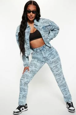 Fashion Nova Matching Separates Say Less Graffiti Printed Denim Jacket - Medium Blue Wash