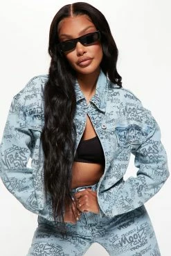 Fashion Nova Matching Separates Say Less Graffiti Printed Denim Jacket - Medium Blue Wash