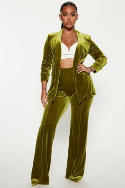 Fashion Nova Wide Leg Sets Viviana Velvet Blazer Pant Set - Chartreuse