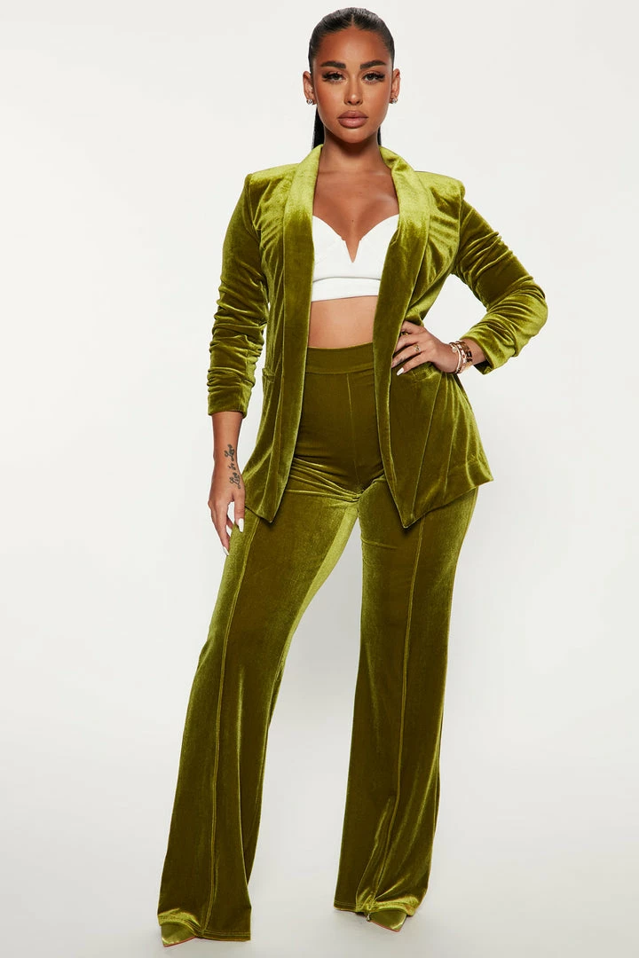 Fashion Nova Wide Leg Sets Viviana Velvet Blazer Pant Set - Chartreuse